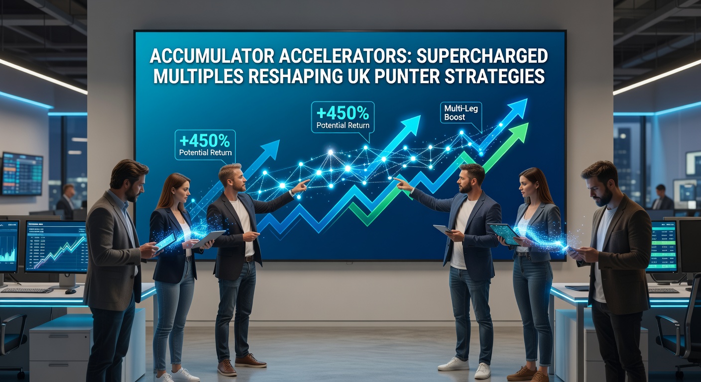 Graphic showing stacked accumulator bets with glowing multiplier boosts, illustrating enhanced payouts for UK punters