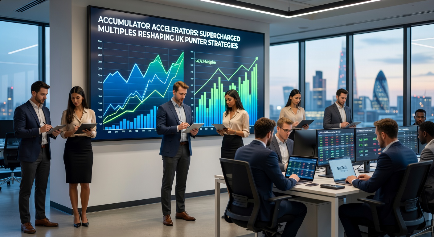 Close-up of a betting slip with accumulator accelerator applied, showing boosted odds and payout calculations for a UK horse racing multi