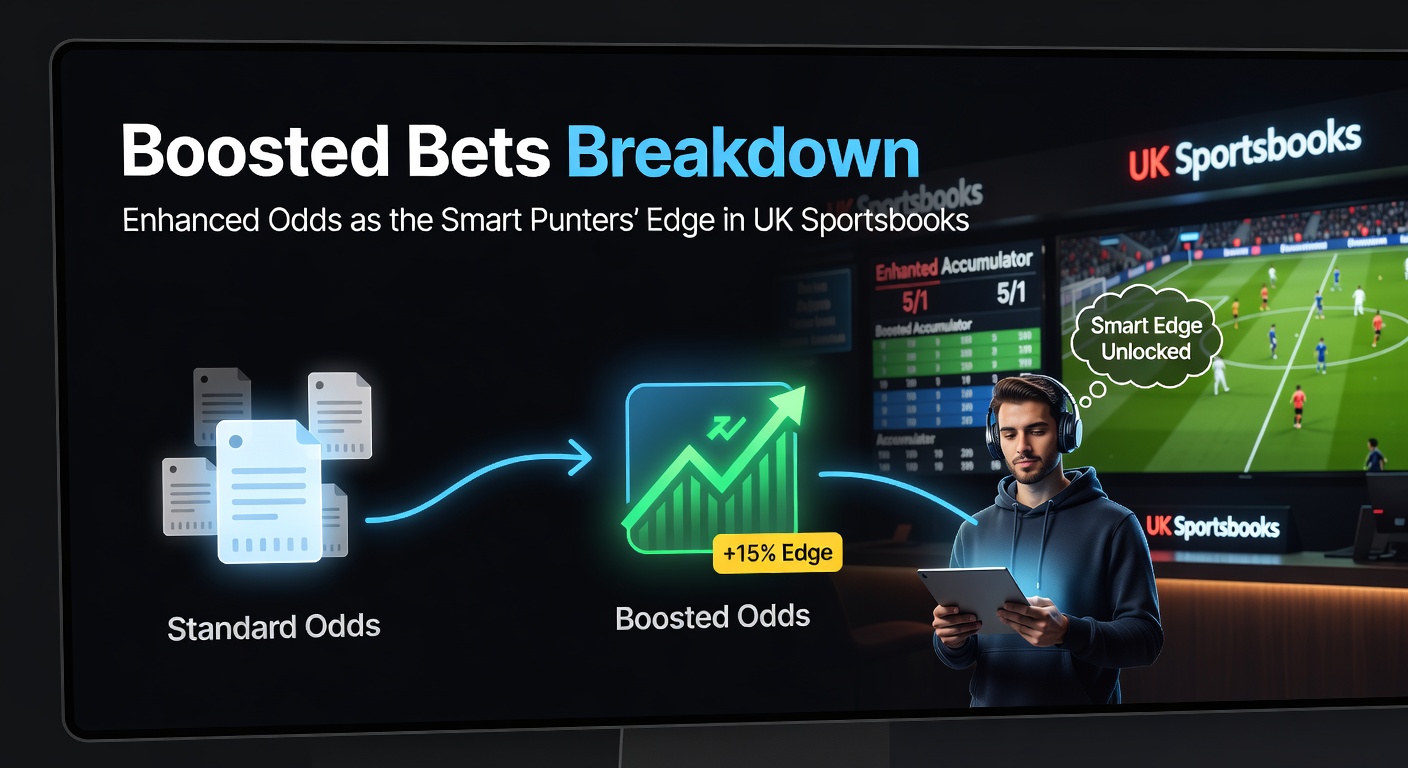 Digital display showing enhanced odds promotions on a UK sportsbook app, highlighting boosted prices for major football matches