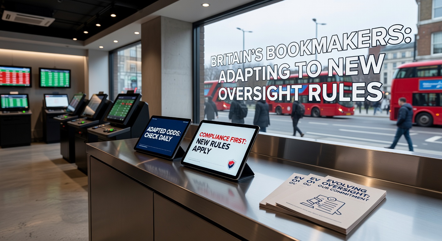 British bookmakers collaborating on updated promotional strategies in a contemporary office environment with regulatory documents on display