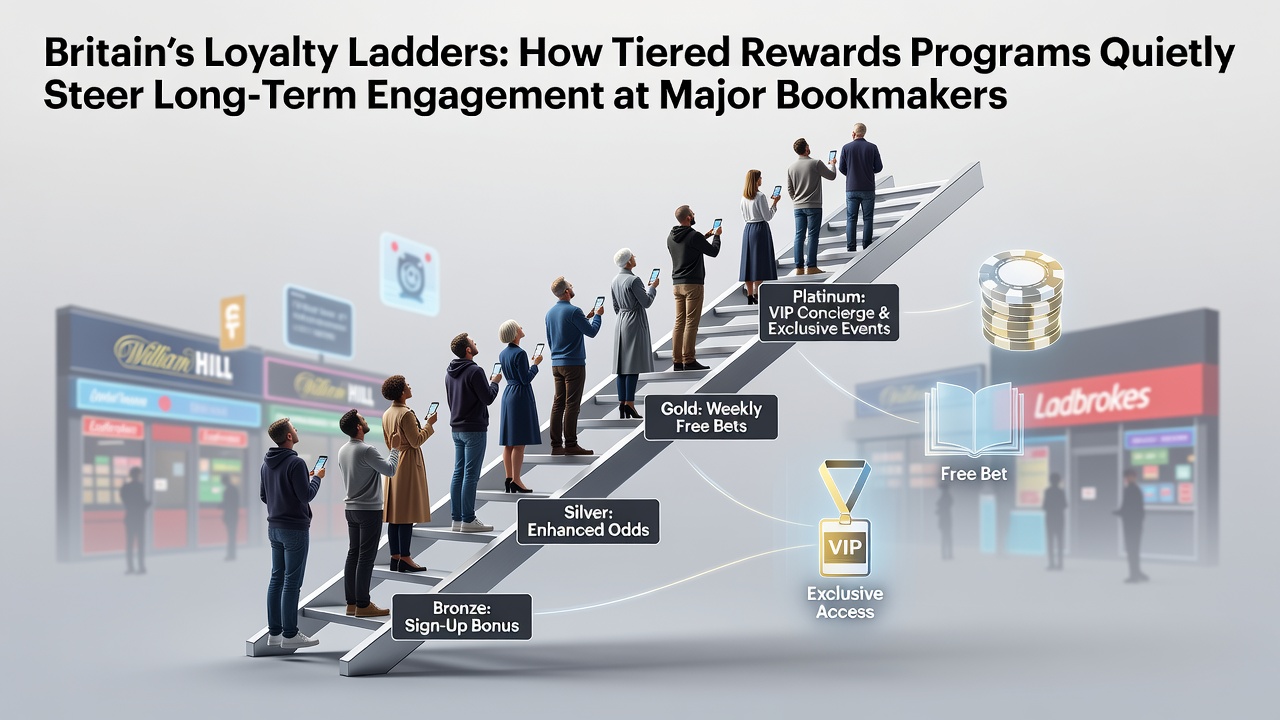 Illustration showing tiered loyalty levels at British bookmakers with ascending reward structures and engagement metrics
