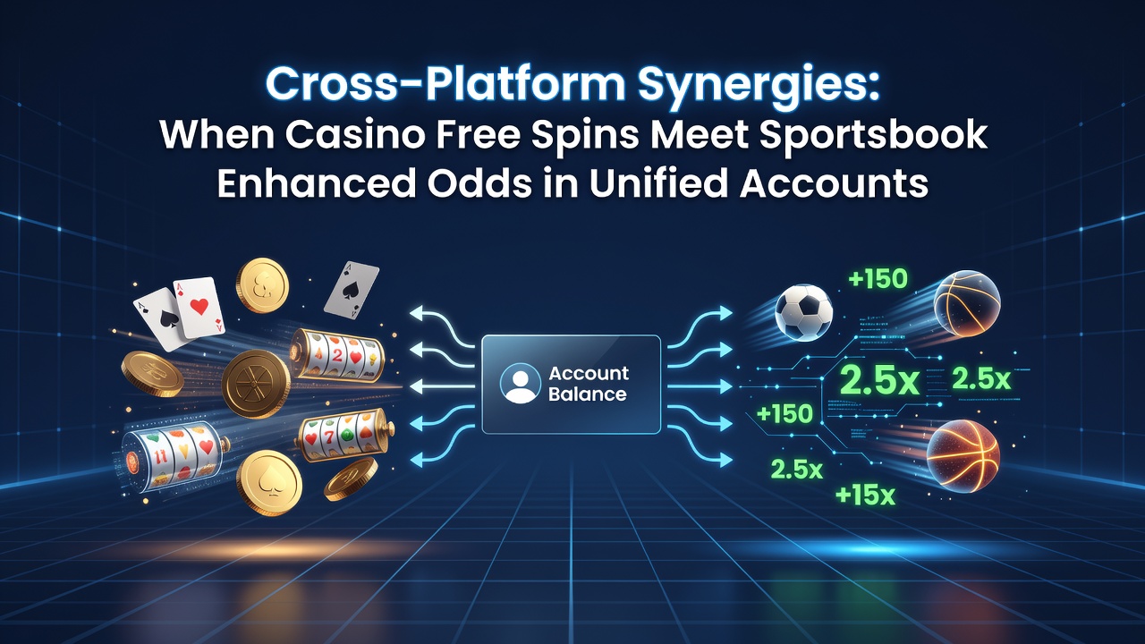 Illustration of casino slots and sportsbook betting interfaces connected through a single unified account dashboard