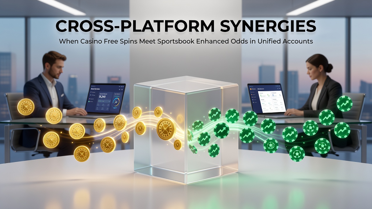 Screenshot-style image showing a mobile app interface with casino free spins counter linked to an active sportsbook odds boost banner
