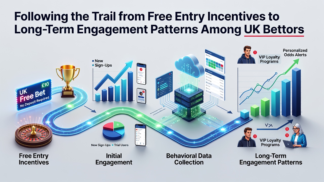 Visual representation of incentive pathways leading from initial free bets to ongoing user activity in UK betting platforms