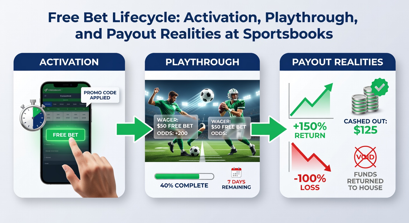 Digital graphic illustrating a free bet token transforming through stages from activation to payout at a sportsbook interface