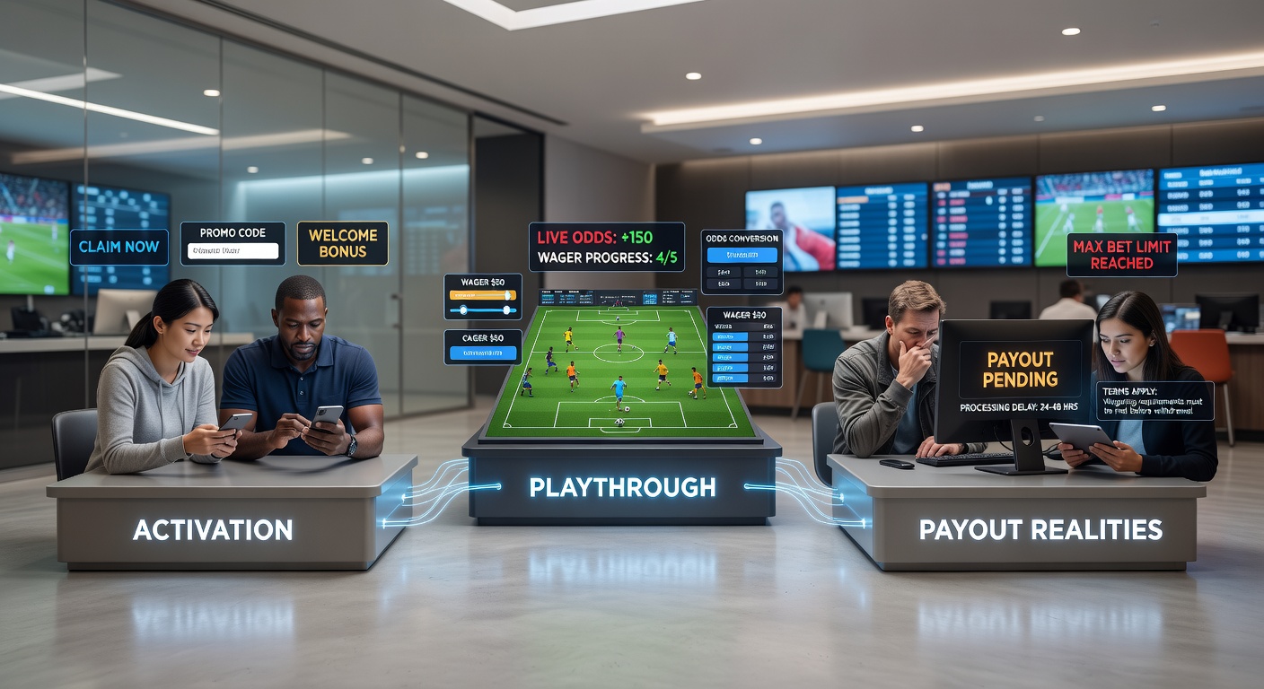 Infographic breaking down free bet stages with icons for activation lock, wagering meter, and cashout trophy on a sportsbook betting slip