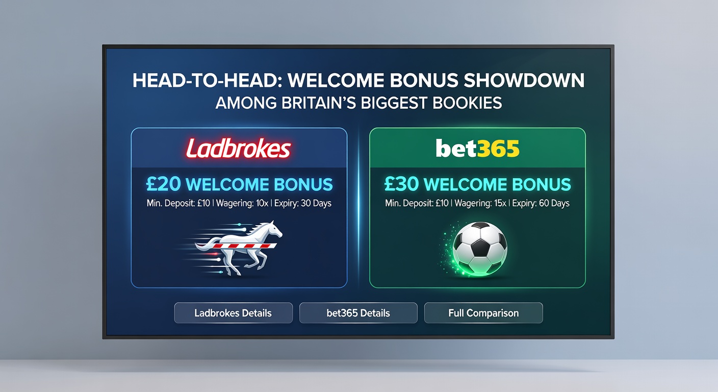 Infographic table pitting welcome bonuses from Bet365, William Hill, Paddy Power, and others with key metrics like qualifying bet, free bet value, and terms