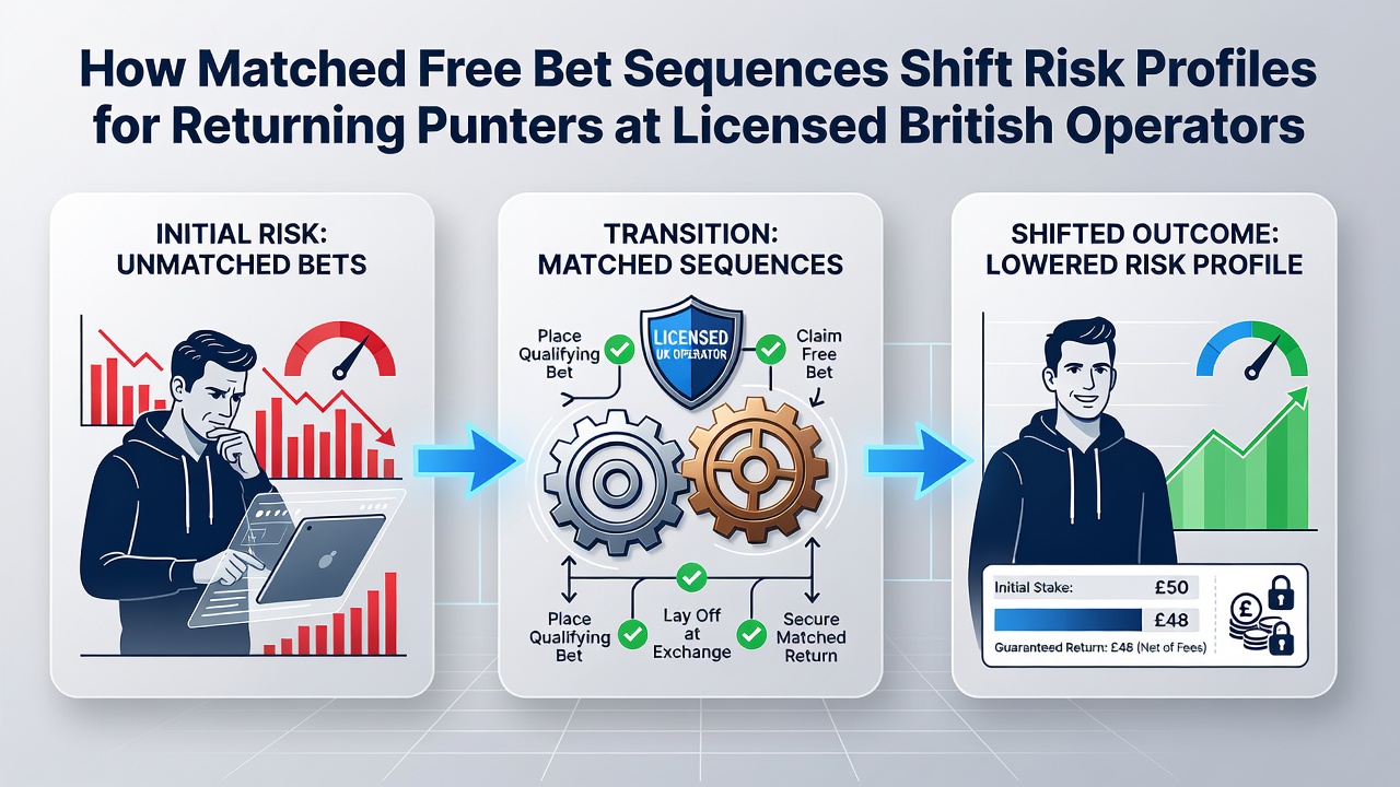 Diagram illustrating matched free bet sequences and risk adjustment for returning punters at licensed British betting sites