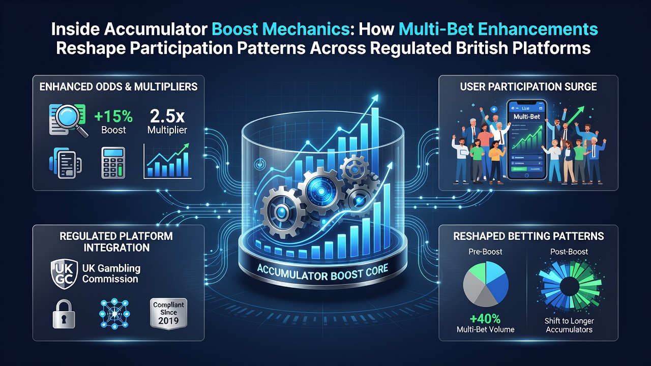 Illustration showing accumulator boost mechanics on a British betting platform interface with multi-bet selections highlighted