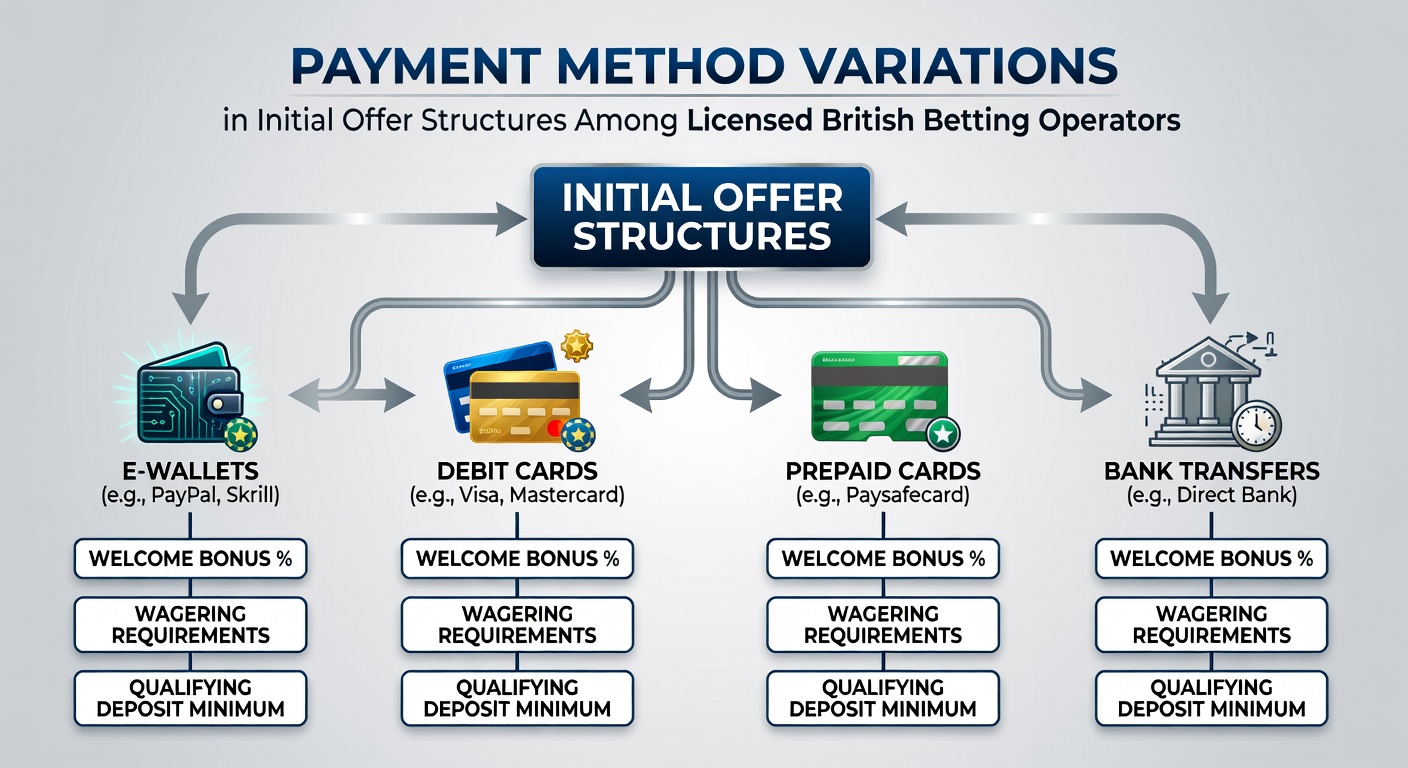 Licensed British betting operators displaying varied payment method options for initial welcome offers on desktop and mobile interfaces