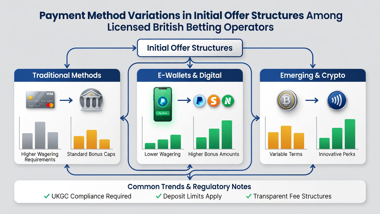Infographic illustrating differences in bonus structures tied to debit cards, e-wallets, and bank transfers at British betting sites