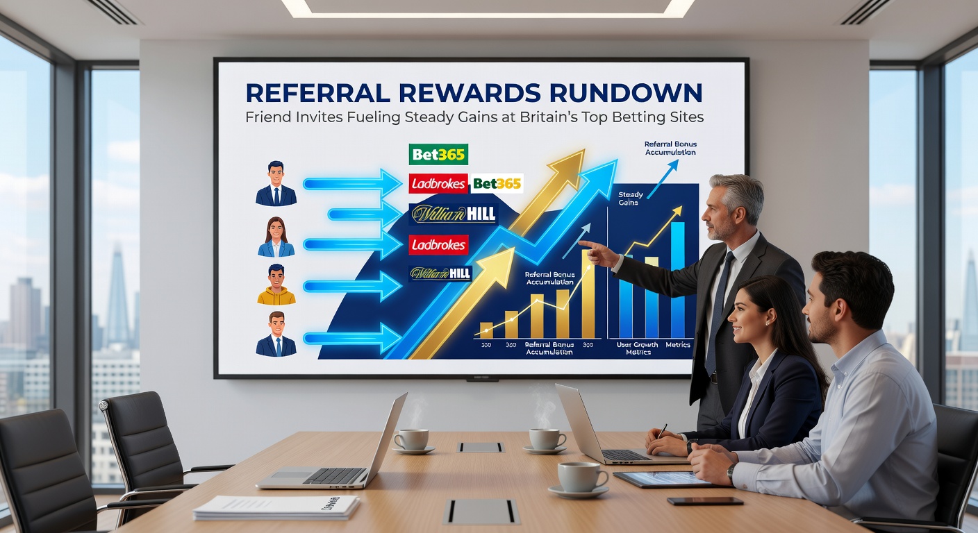 Chart showing growth trends from referral programs at major UK betting operators, with upward arrows and user icons
