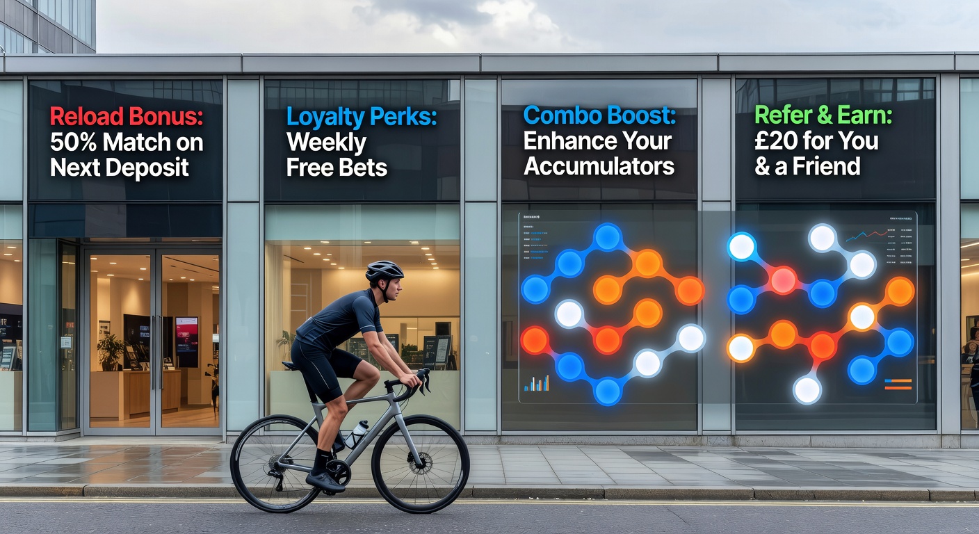 Graphic illustrating a cycle of reload bonus offers looping through calendar months at UK betting sites, with icons for deposits, free bets, and wagering requirements