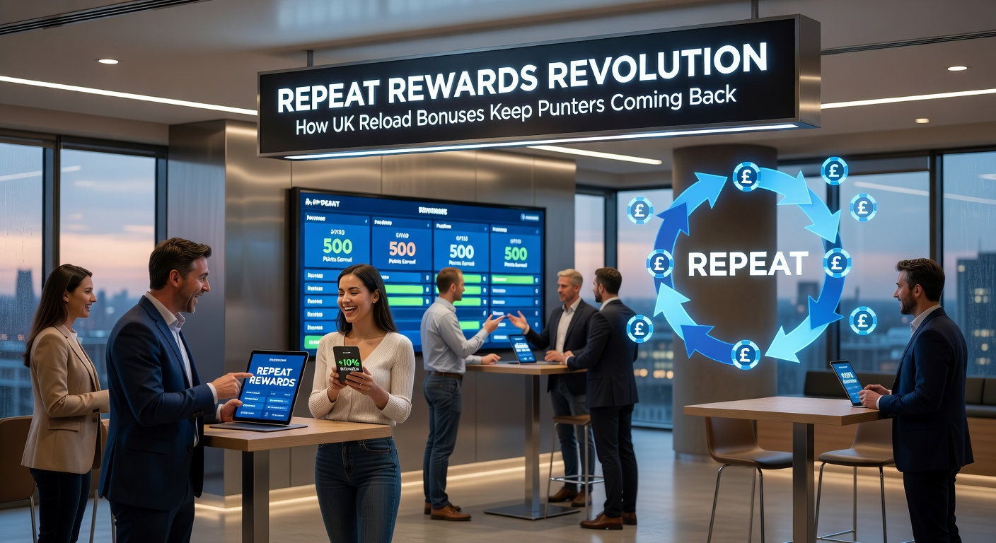 Vibrant display of a mobile betting app highlighting a reload bonus offer with coins stacking up and a punter's excited expression