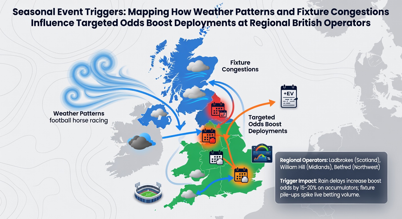 Regional British bookmakers reviewing weather data and fixture lists to plan odds boost deployments during congested periods